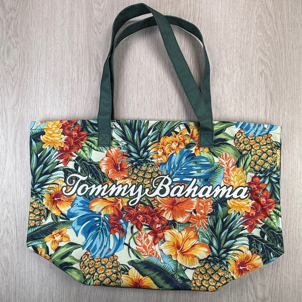 Tommy Bahama Tropical Floral Pineapple Tote Bag Green Canvas Beach Travel Large
